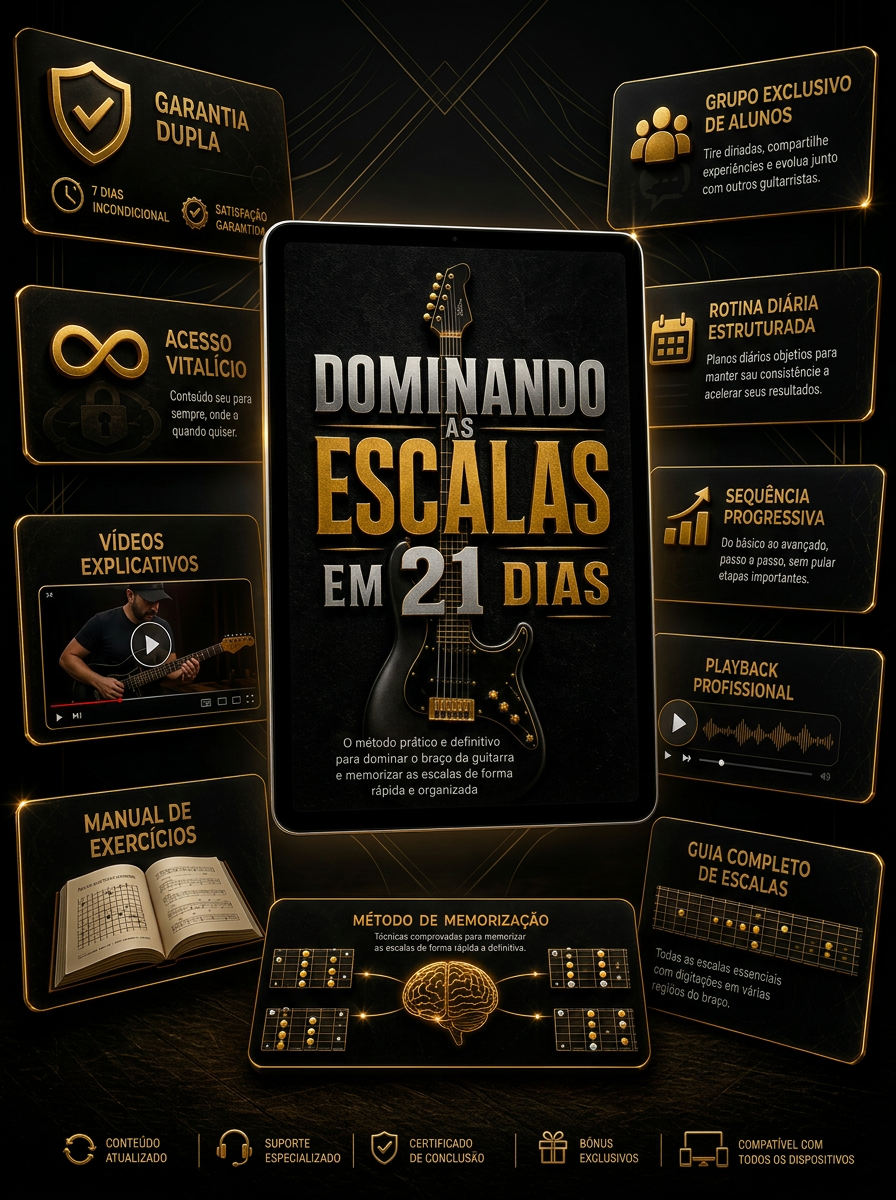 Tudo que você leva: tablet com a capa do programa Dominando as Escalas em 21 Dias rodeado por cards de benefícios